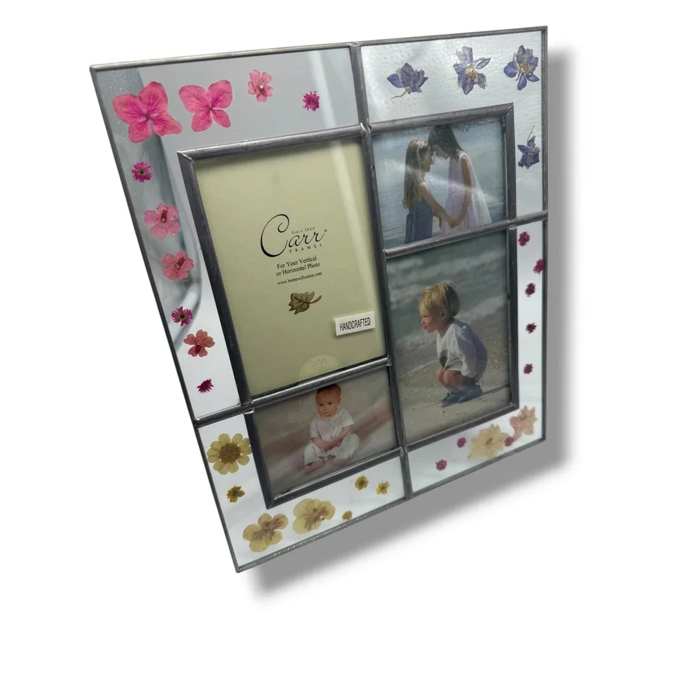 Vintage Carr Handcrafted Stained Glass Pressed Flower Collage Picture Frame